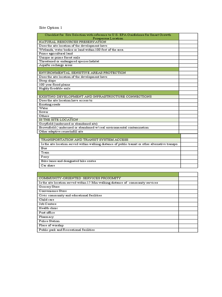Site Selection Checklist for Development | PDF