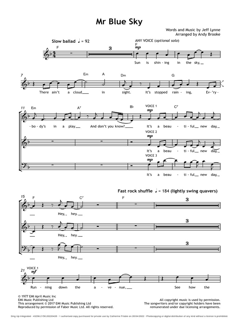 MR Blue Sky (ELO) Melody Lyrics Chords PDF