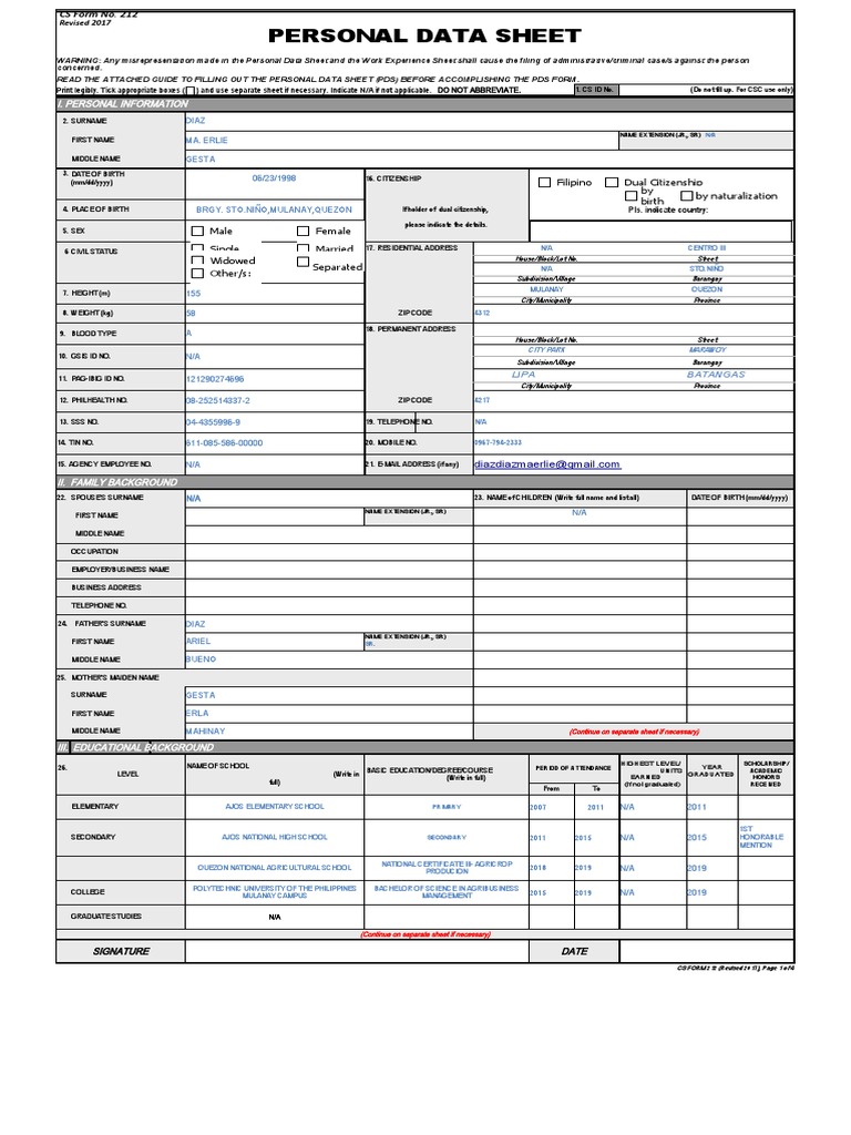 CS Form No. 212 Personal Data Sheet Excel Format2 | PDF | Agriculture ...