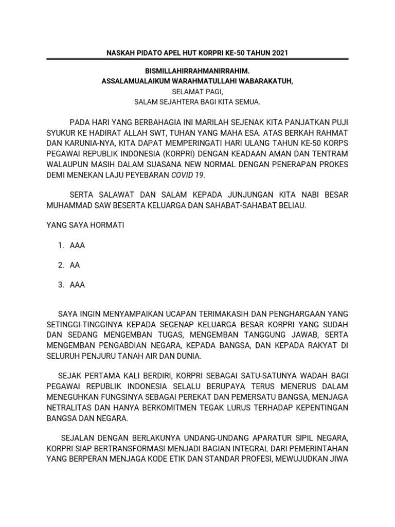 Naskah Pidato HUT KORPRI ke-54 2025: Pesan Bijak untuk ASN