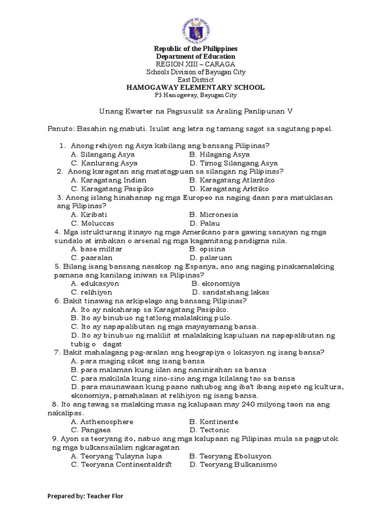 1st Quarter Exam Araling Panlipunan V PDF