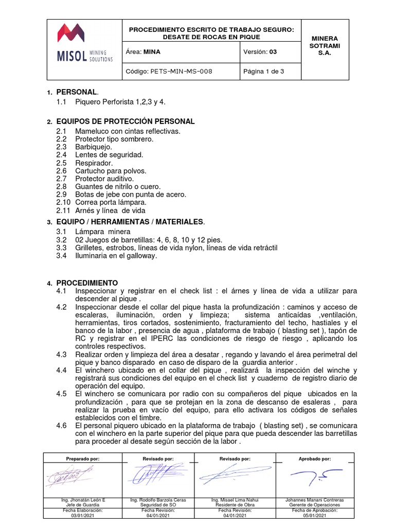 Procedimiento Seguro Desate Rocas Pique | PDF | Materiales
