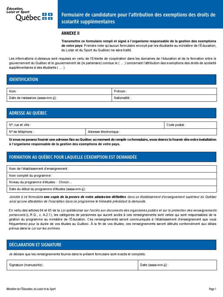 Formulaire d'exemption des droits de scolarité | PDF | Québec