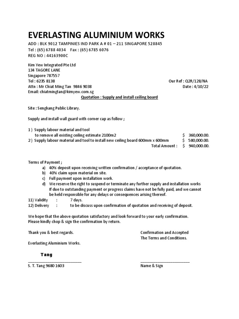 Quotation for Supply and Installation of Ceiling Boards at Sengkang