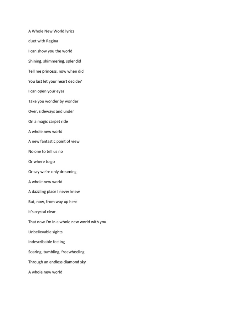 A Whole New World Lyrics Duet With Regina I Can Show You The World Shining Shimmering Splendid