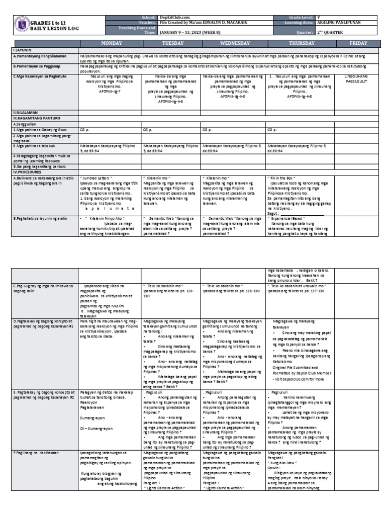 DLL - Araling Panlipunan 5 - Q2 - W8 | PDF