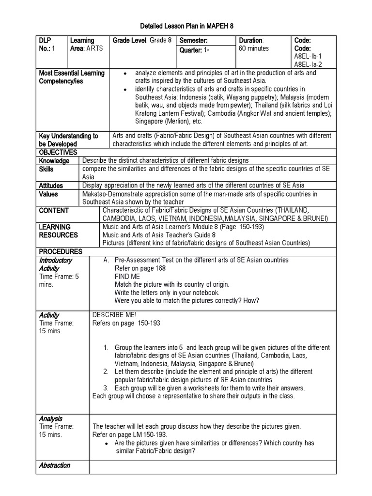 Detailed Lesson Plan In Mapeh 8 Arts Q1 Pdf Learning Southeast Asia