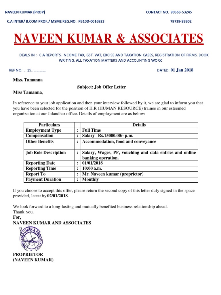 Job Offer Letter for H.R. Trainee | PDF