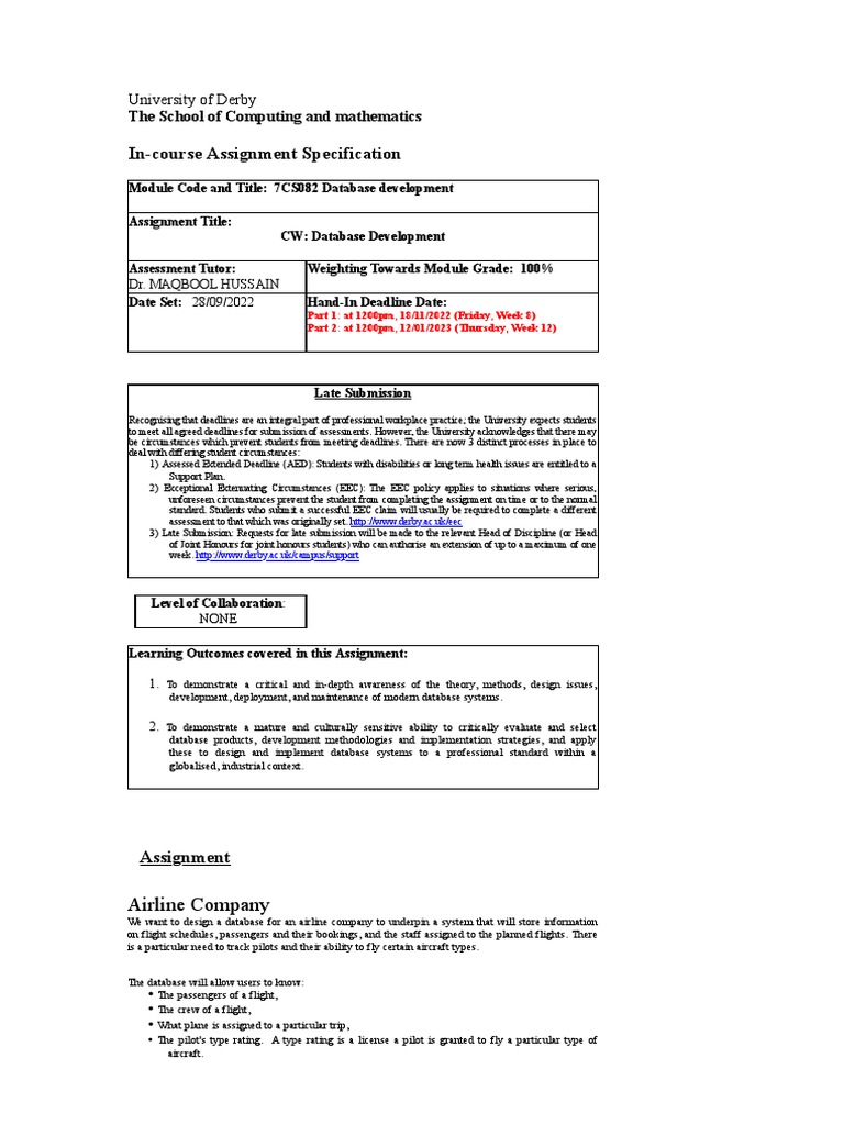7CS082 Database Development CW 2022 Spec | PDF | Databases | Microsoft ...