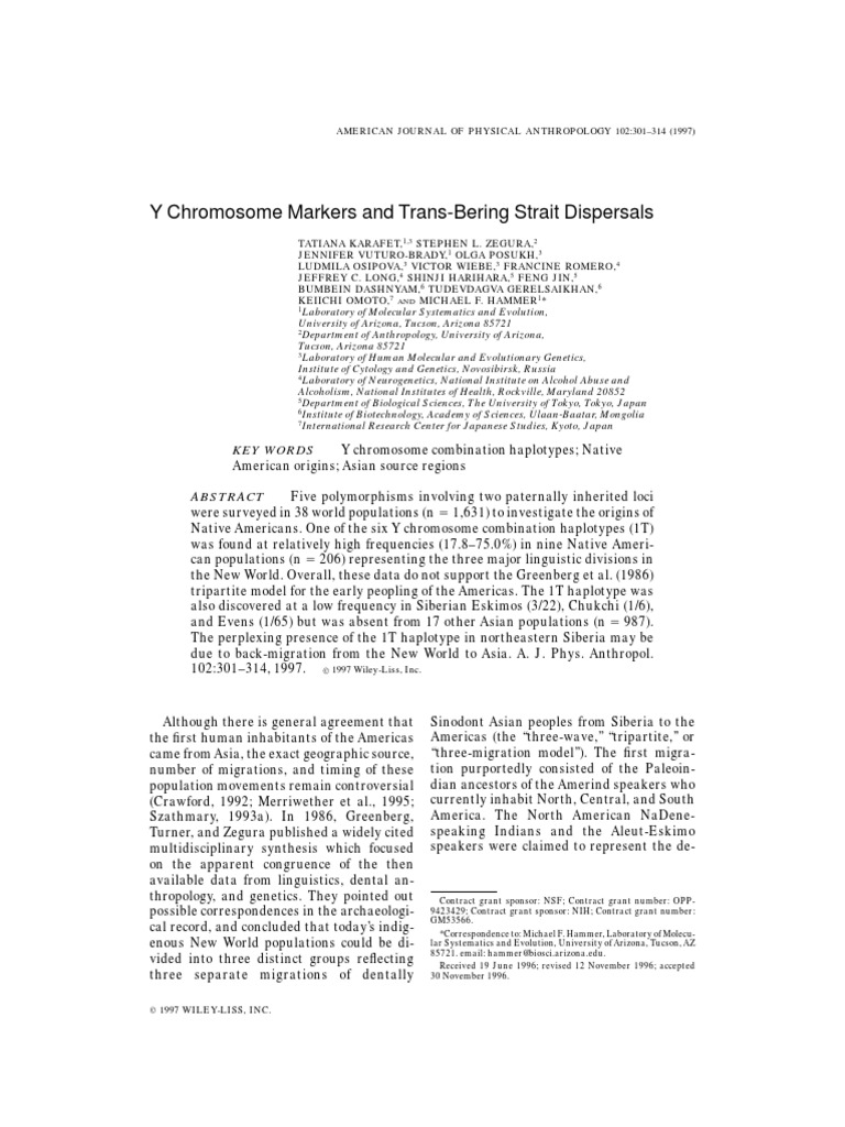 Y Chromosome Markers and TransBering Strait Dispersals (American