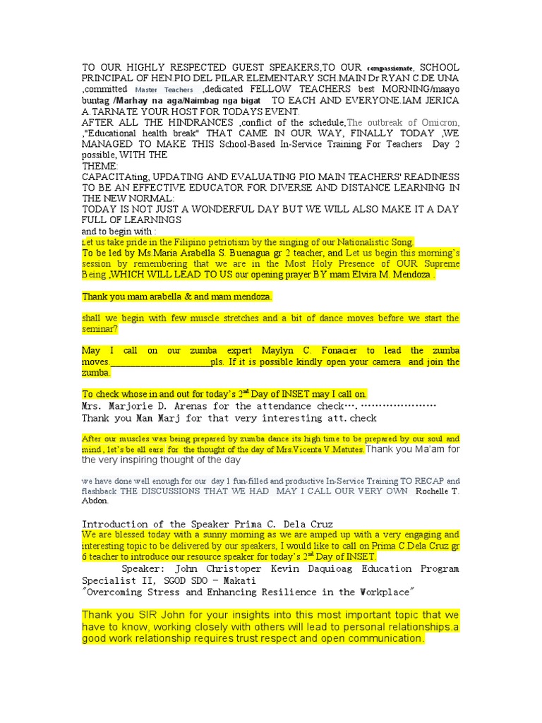 Emcee Script for Teacher In-Service Training | PDF | Career & Growth ...
