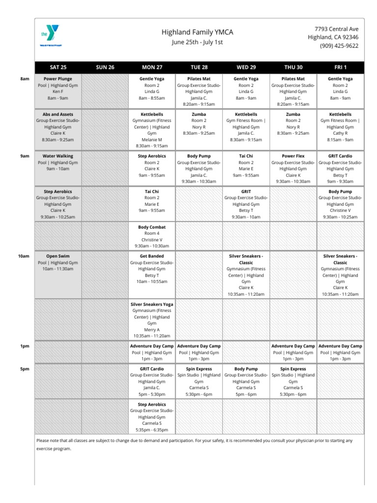 Highland family ymca schedule pdf gym aerobic exercise