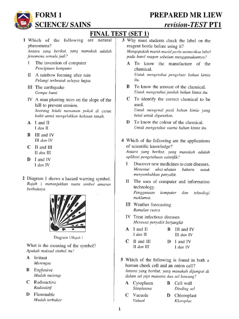 Form 1 Science Revision Test Part 1 Prepared by Mr. Liew | PDF