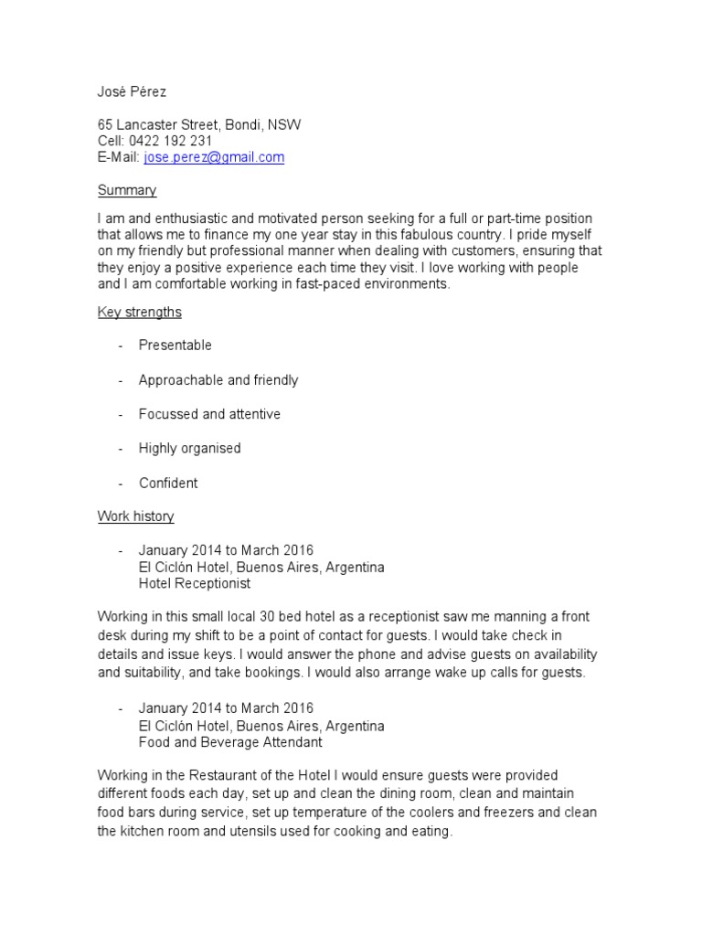 Hospitality Resume: José Pérez | PDF | Restaurants | Waiting Staff