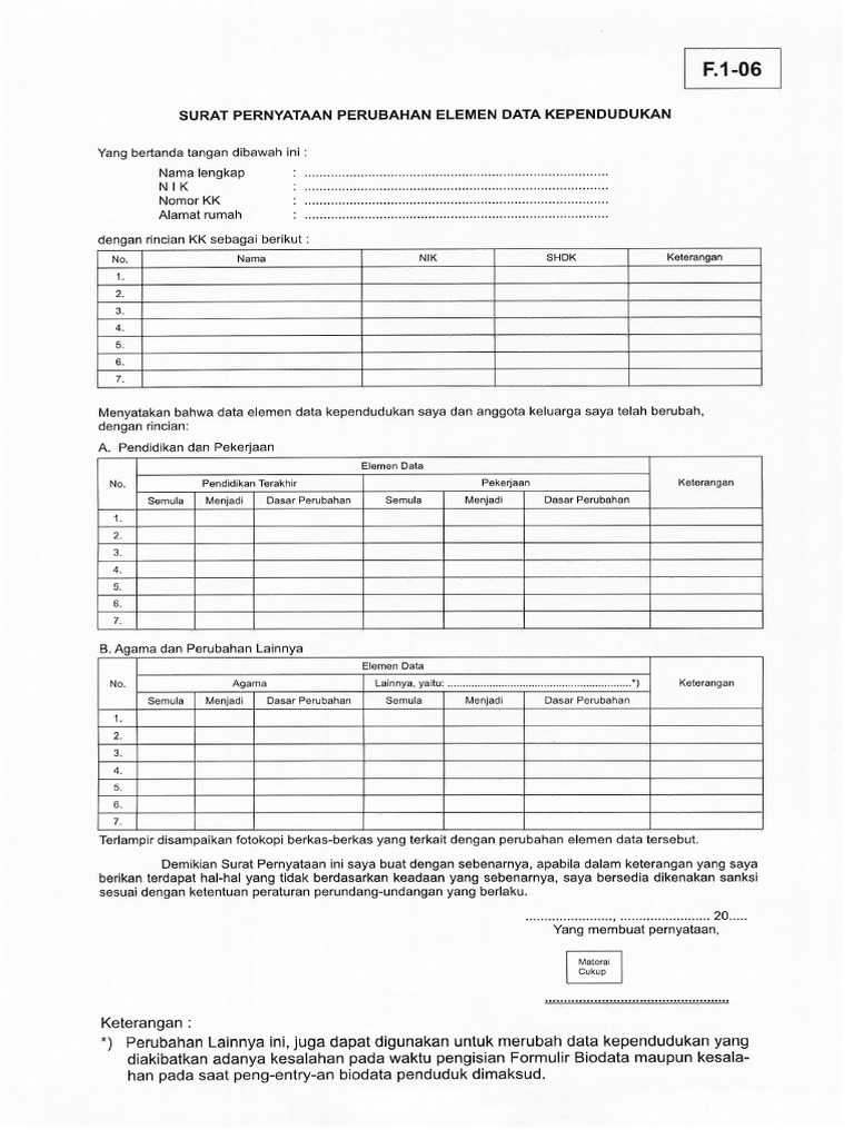 Surat Pernyataan Perubahan Elemen Data Kependudukan F-1.06 | PDF