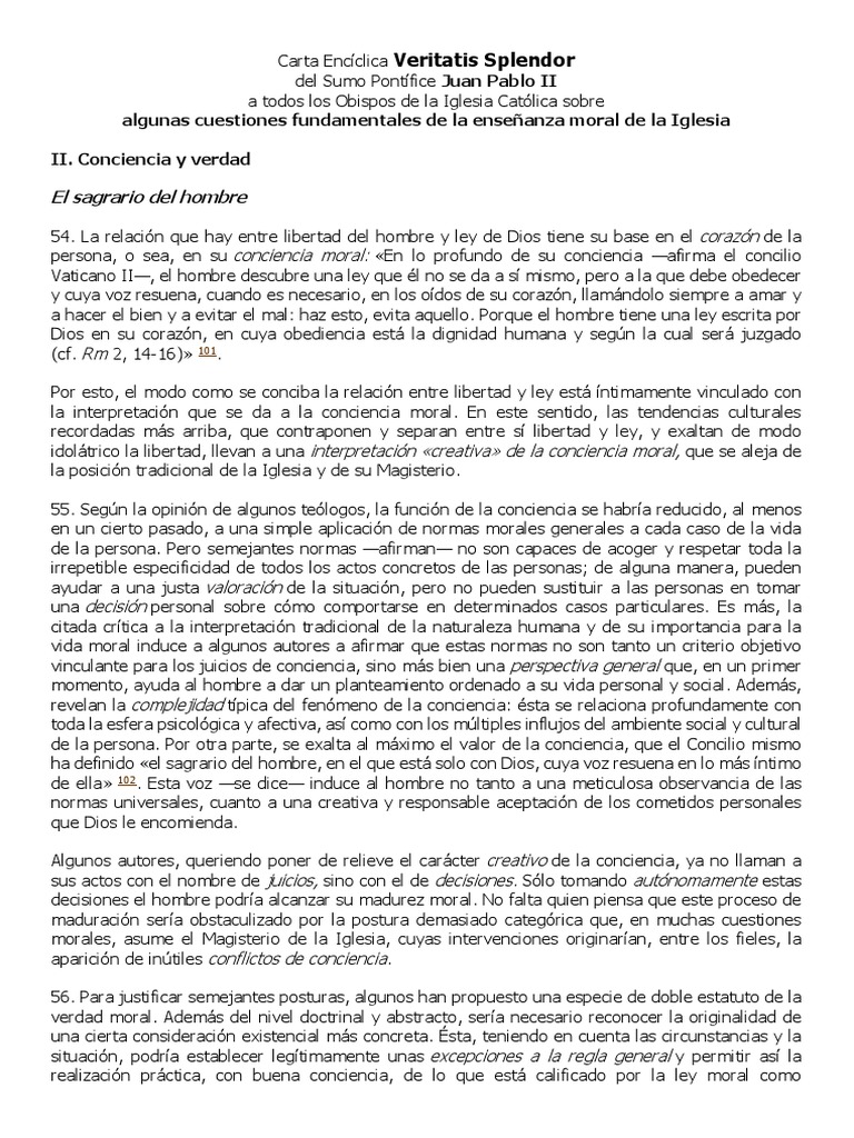 Veritatis Splendor: Conciencia y Moralidad | PDF | Moralidad | Verdad