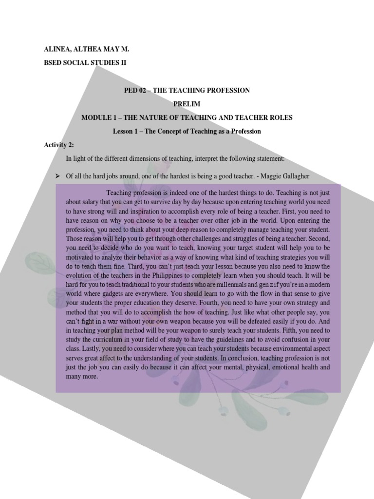 Ped 02 Activities And Performance Task Worksheet Pdf Teachers