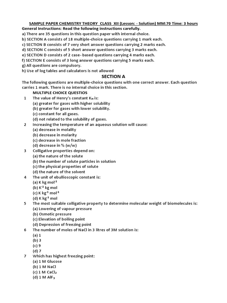 Class XII Chemistry Solution Exam Paper | PDF | Ion | Mole (Unit)