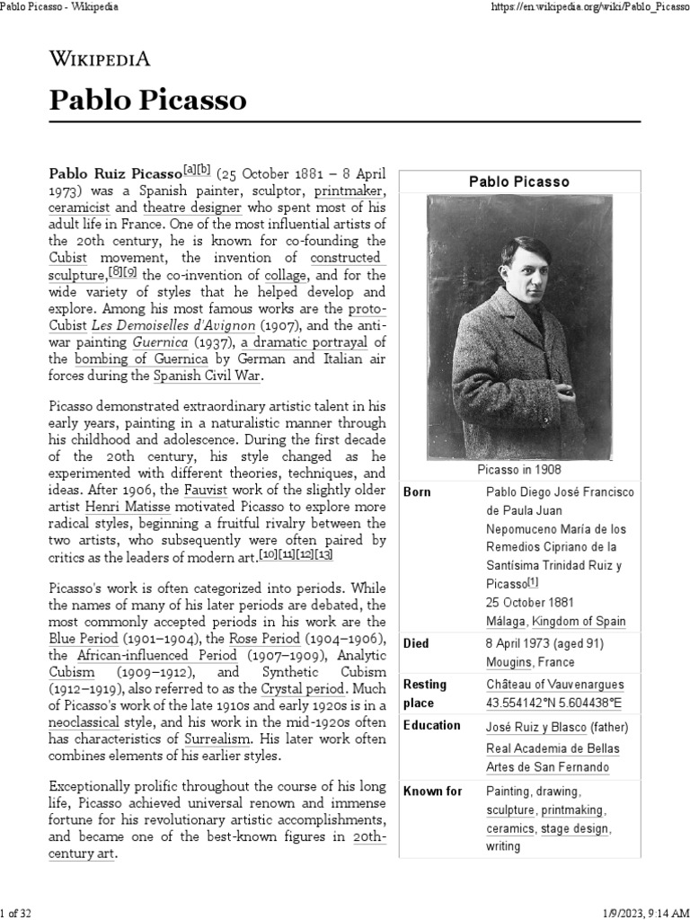Pablo Picasso - Wikipedia | PDF | Pablo Picasso | The Arts