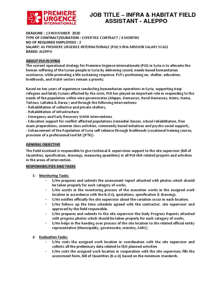 Infrastructure & Habitat Field Assistant Job in Aleppo PDF Syria