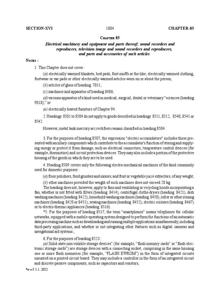 Classification and Notes on Electrical Machinery, Equipment, Sound Recorders, Television Image