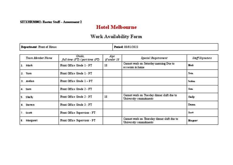 Staff Work Availability Form Template | PDF