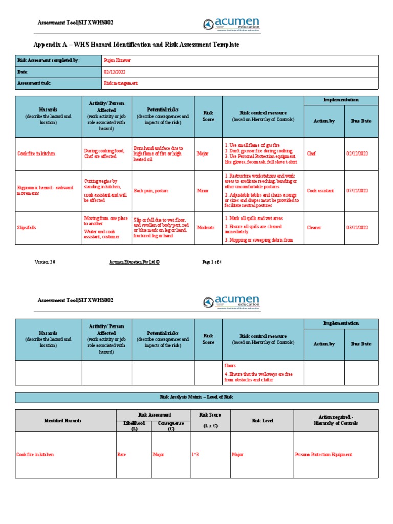 Appendix A - WHS Hazard Identification and Risk Assessment Template ...