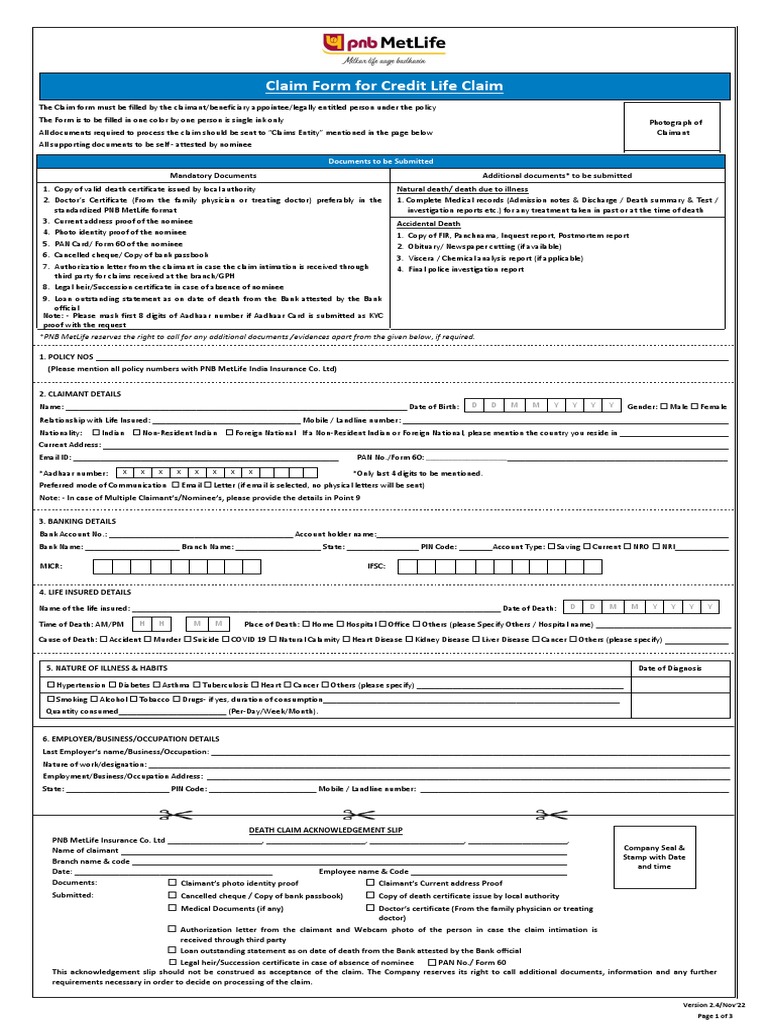 Credit Life Claim Form Instructions | PDF | Indemnity | Insurance