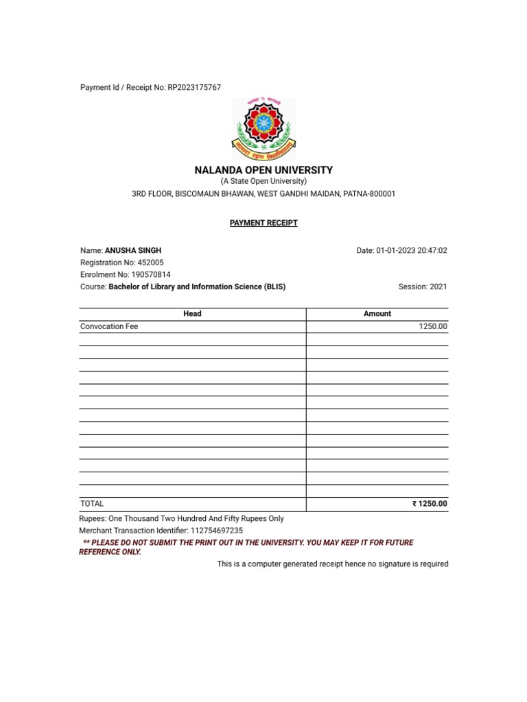 Payment Receipt for Convocation Fee from Nalanda Open University for