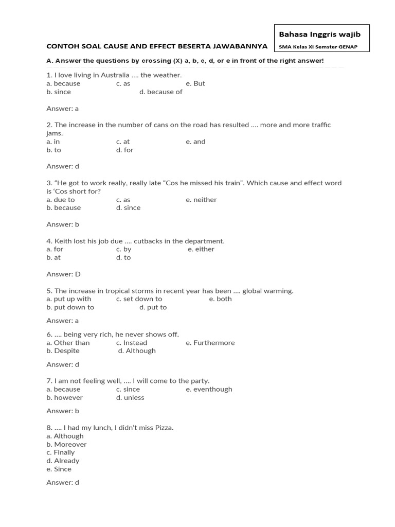 soal cause and effect kelas 12 essay