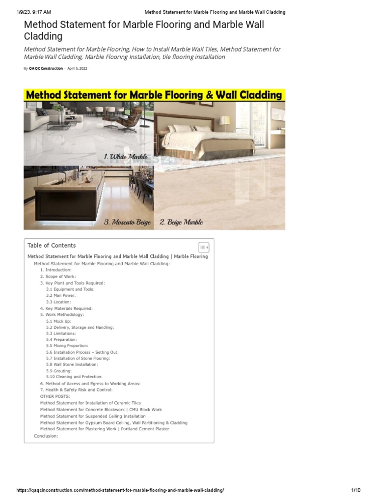 Method Statement For Marble Flooring and Marble Wall Cladding | PDF ...