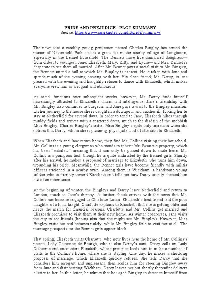 Pride and Prejudice Plot Summary PDF Pride And Prejudice Mr. Darcy