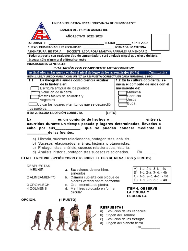 Hist.1ero - Bgu - Exam 1 Q - 2022 | PDF | Science
