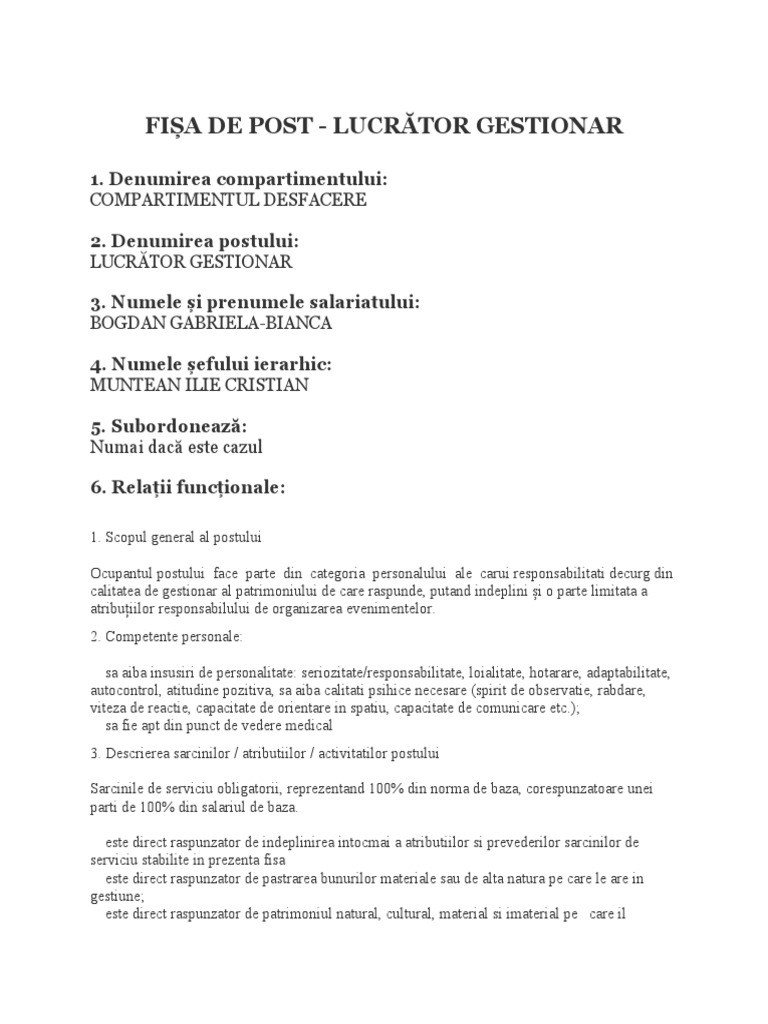 Fisa Lucrator Gestionar | PDF