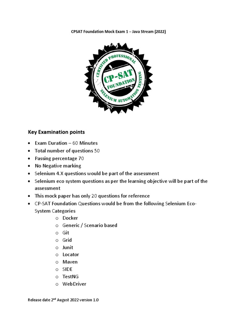 CP SAT Foundation Mock Exam August 2022 PDF Selenium (Software