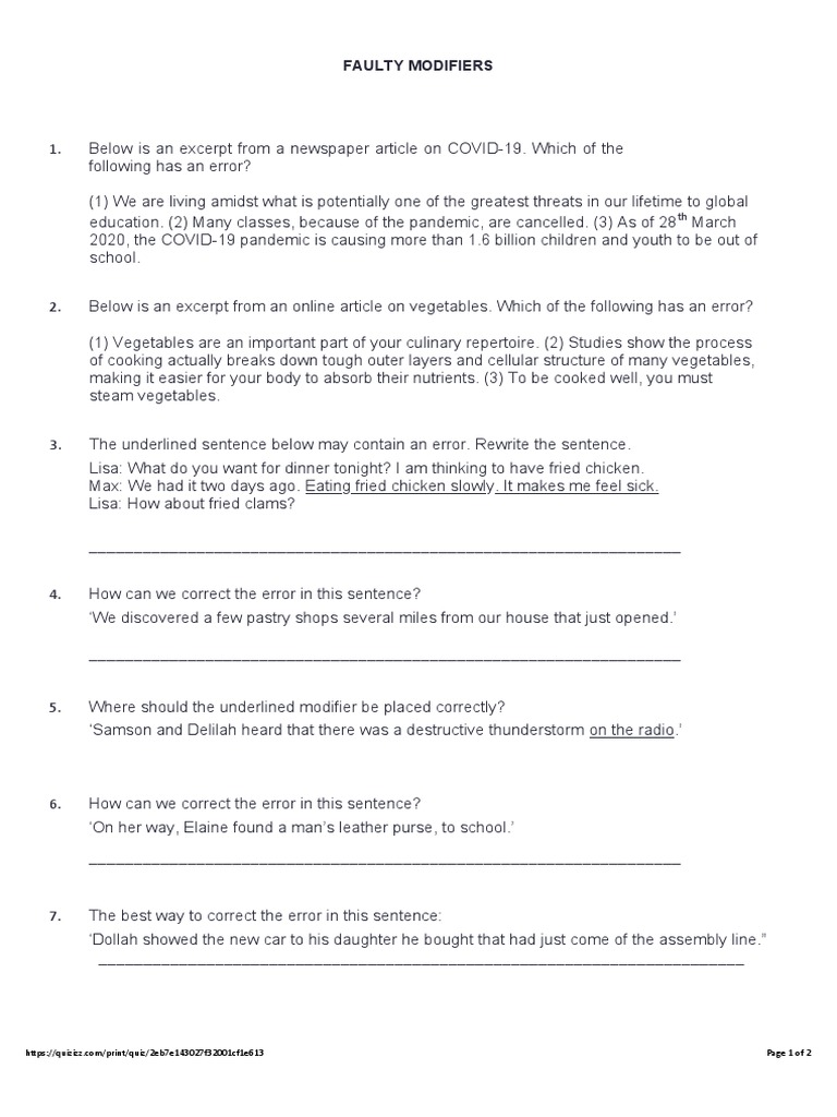 Faulty Modifiers Practice 2 q2 | PDF