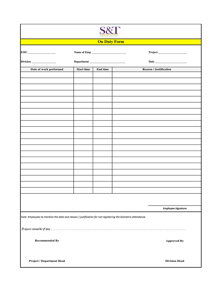 On Duty Form PDF