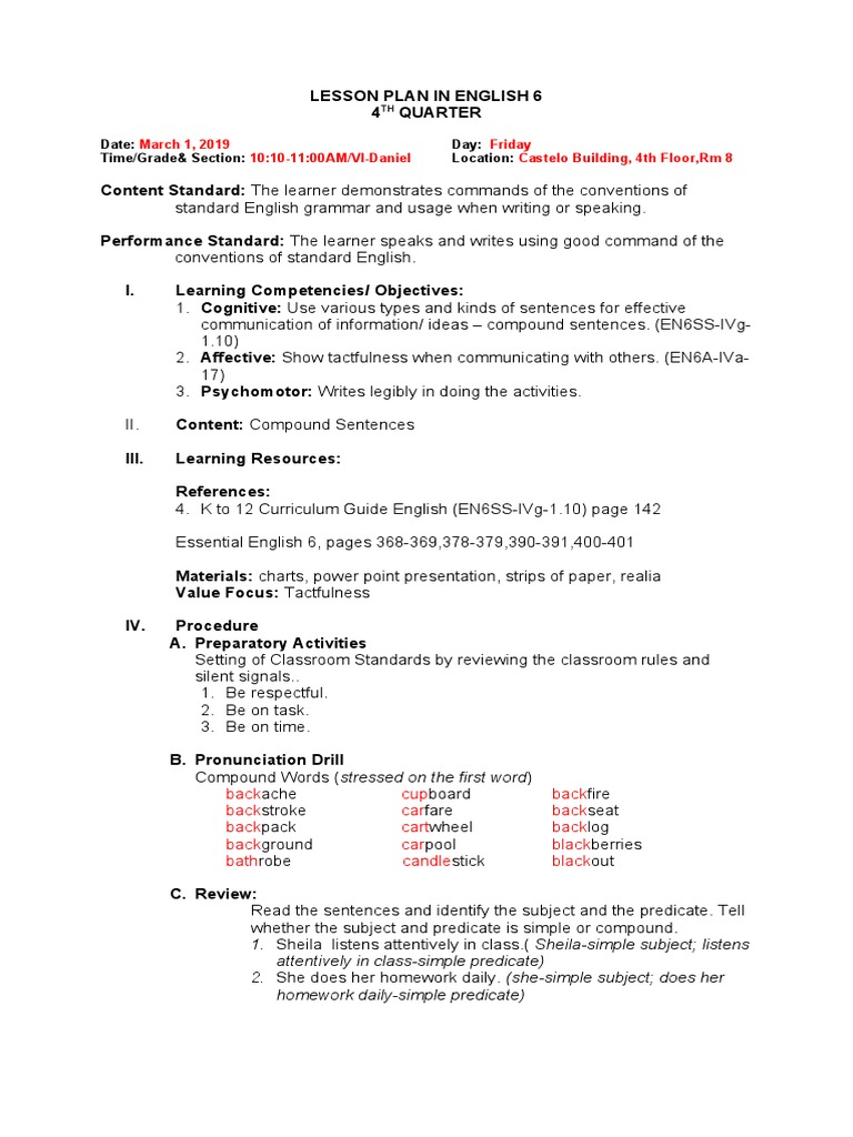 COT LP G6 Compound Sentences PDF Linguistics Language Mechanics