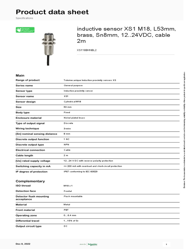 Inductive and Capacitive Sensors XS & XT XS118BHNBL2 PDF Power