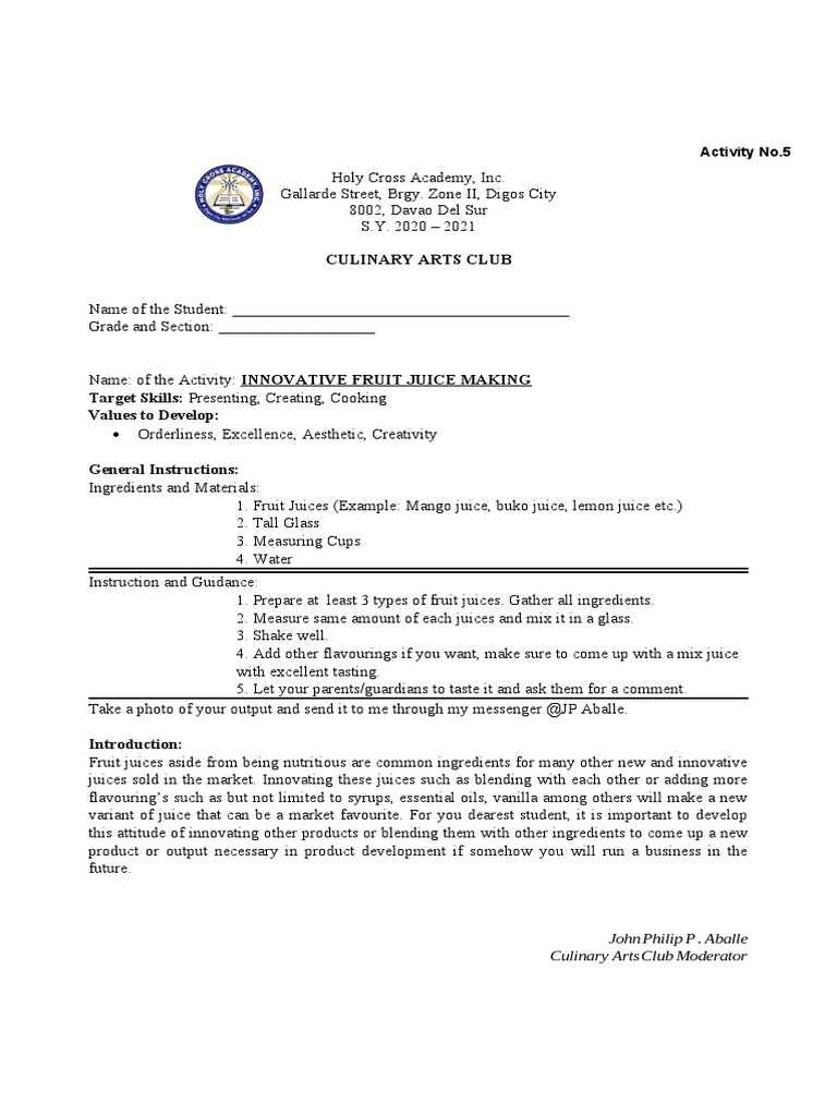 Innovative Fruit Juice Making Developing Creativity and Orderliness