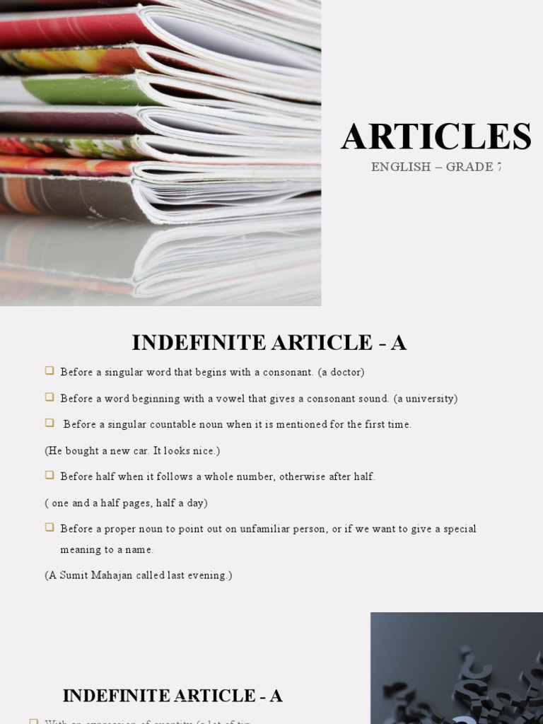 Articles Usage Guide for Grade 7 | PDF | Grammatical Number | Noun