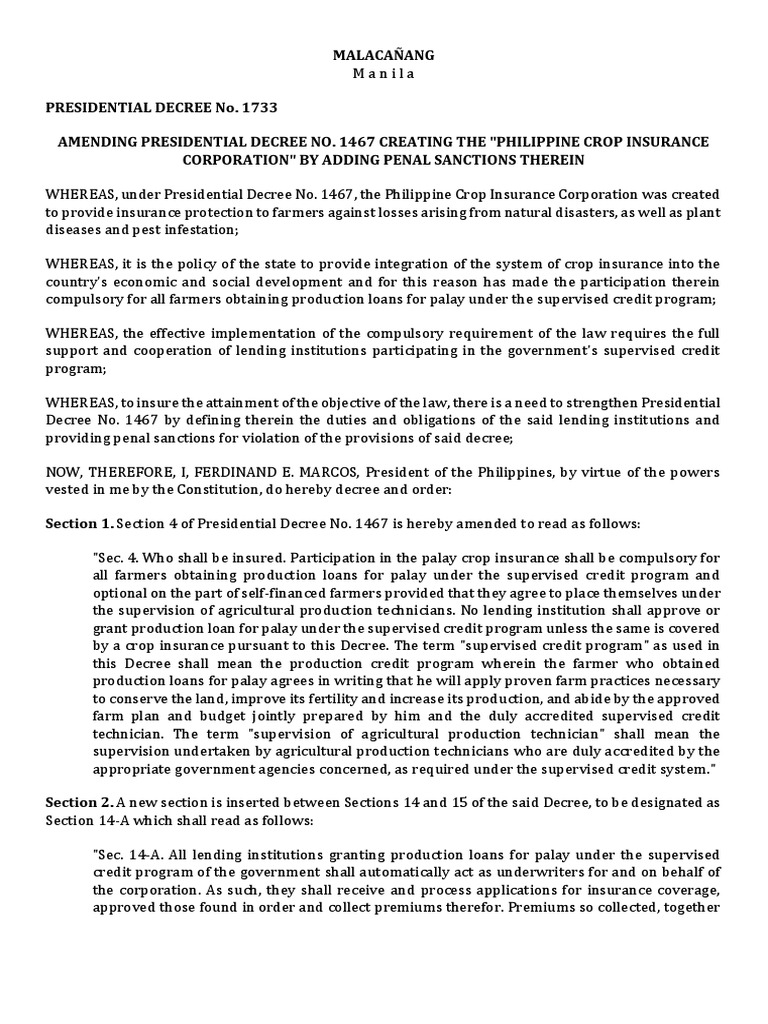 Amendments to the Philippine Crop Insurance Corporation Decree Adding