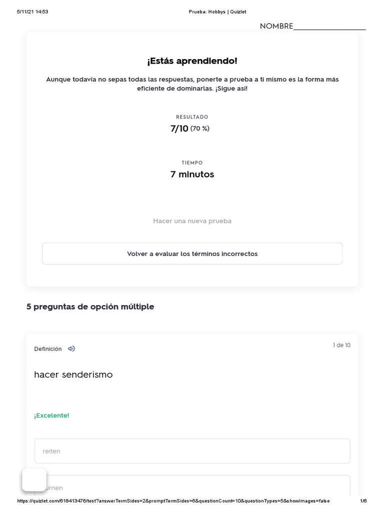 Prueba Hobbys Quizlet Descargar gratis PDF Deportes de verano