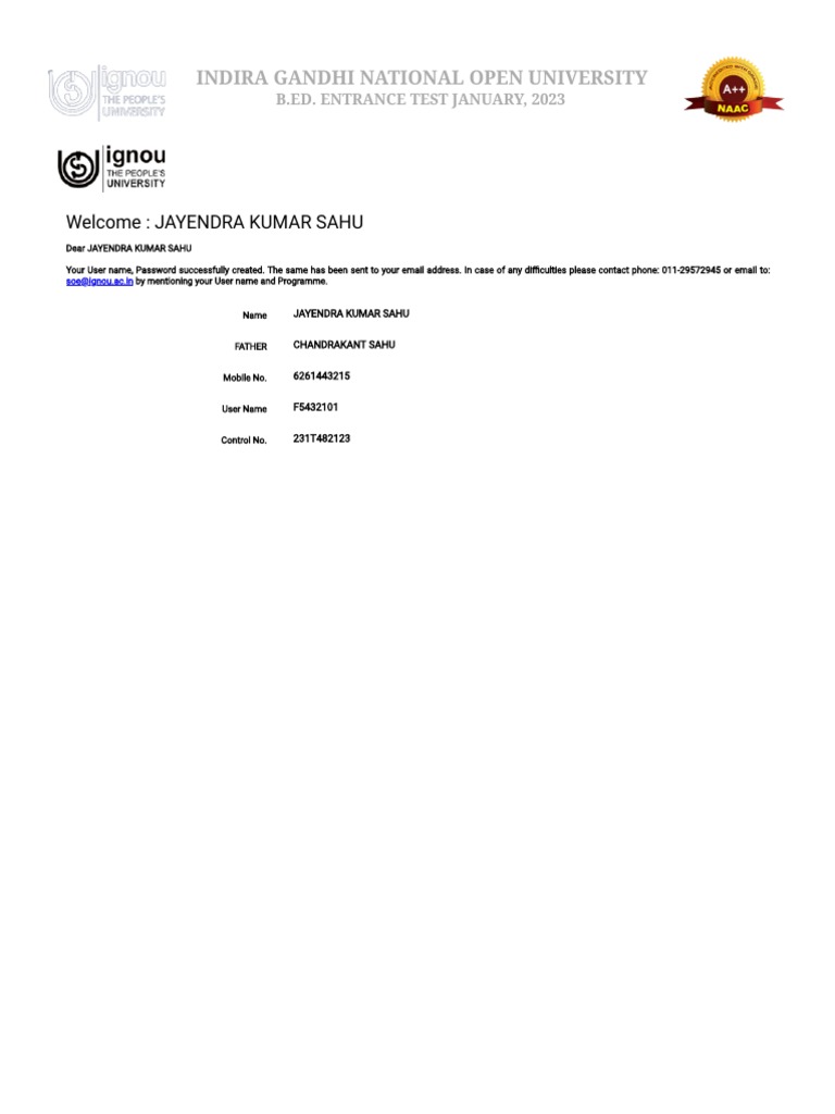 IGNOU Online B.ed. Entrance Admission PDF