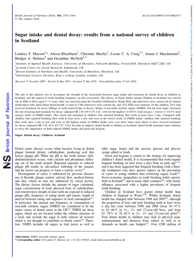 Sugar Intake and Dental Decay Results From A National Survey of Children in Scotland PDF