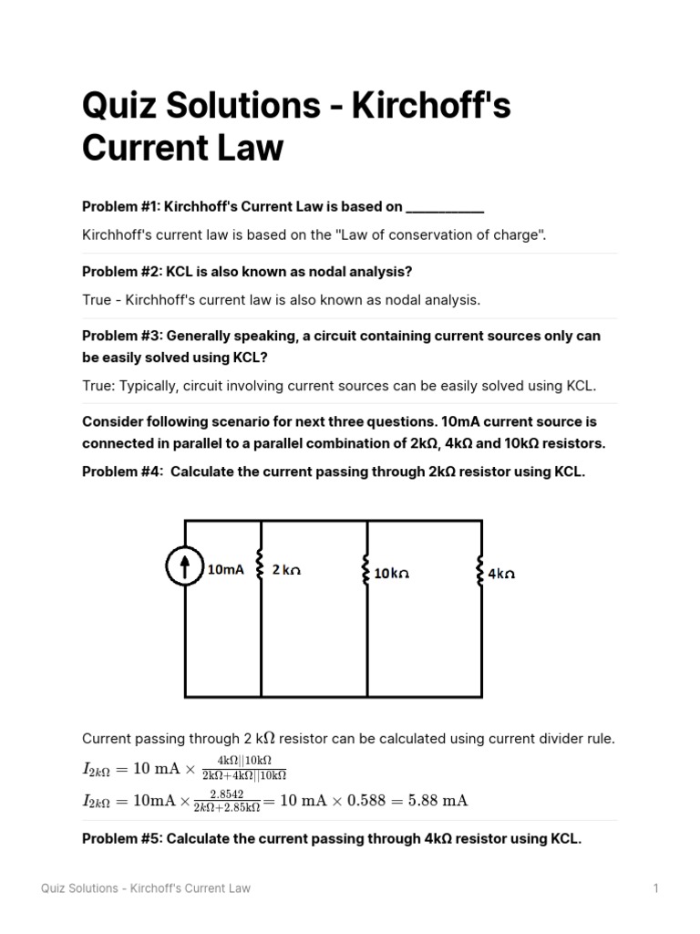 Kirchhoff's Current Law Quiz Solutions | PDF