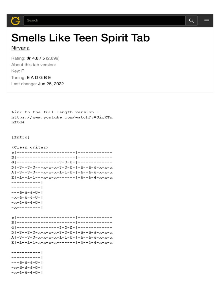 SMELLS LIKE TEEN SPIRIT TAB by Nirvana at Ultimate PDF Song Structure Nirvana (Band)
