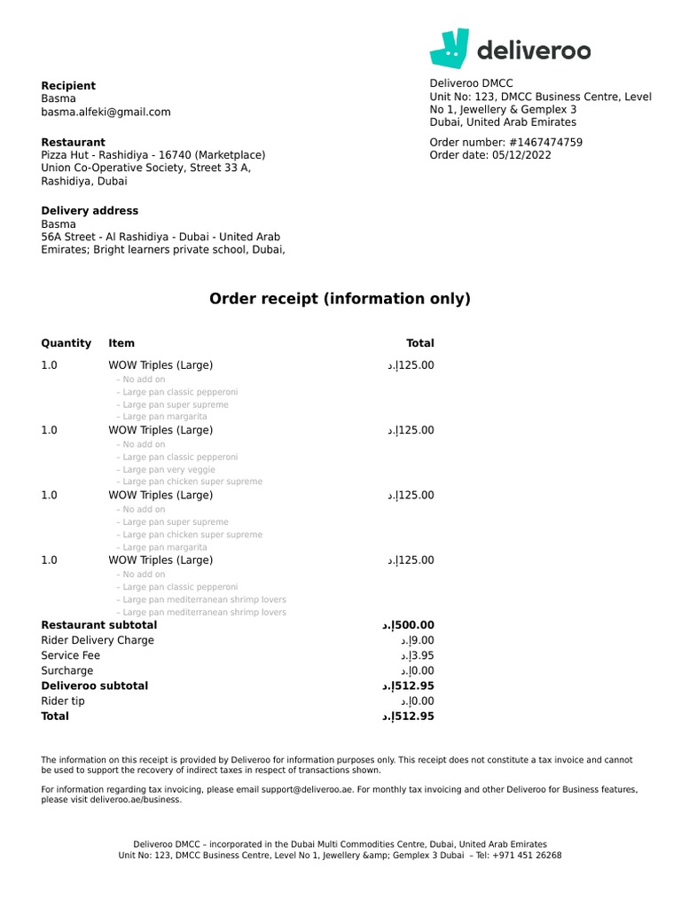 Deliveroo Order Receipt 1467474759 PDF Dubai Receipt