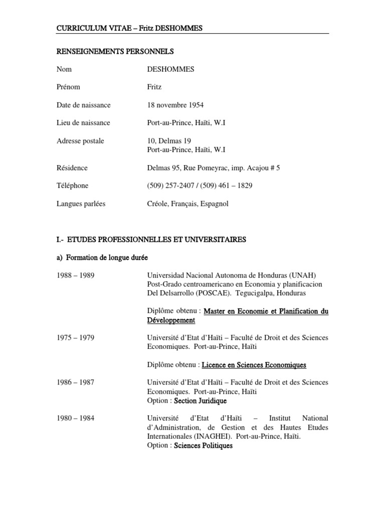 Curriculum Vitae de Fritz Deshommes | PDF | Haïti