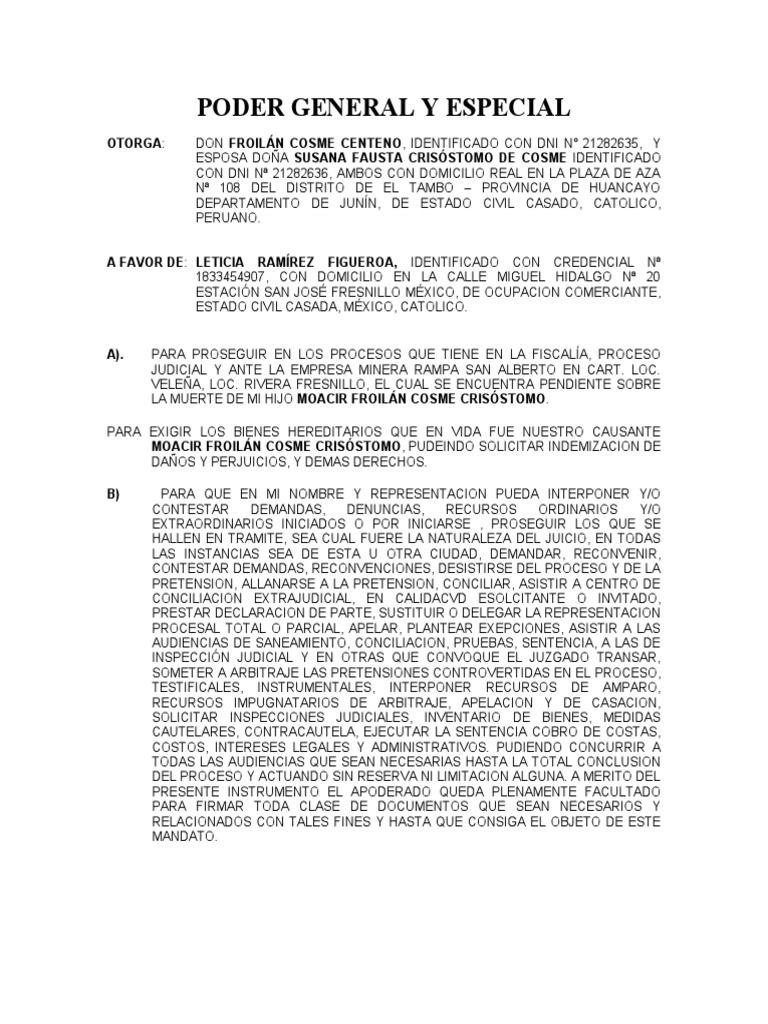 Poder General y Especial para Procesos Legales | PDF | Justicia ...